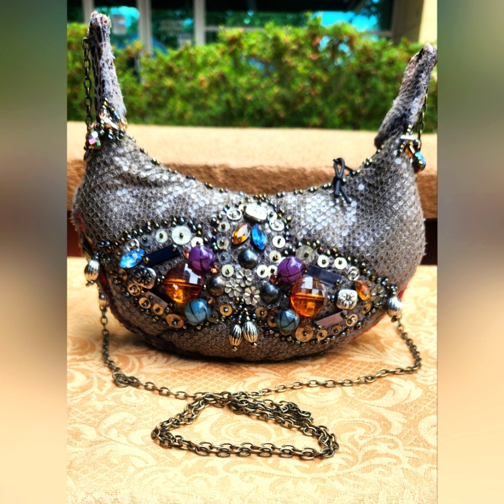 MARY FRANCES Gray Croc Highly Embellished Faux Fur Hobo Small Shoulder Bag